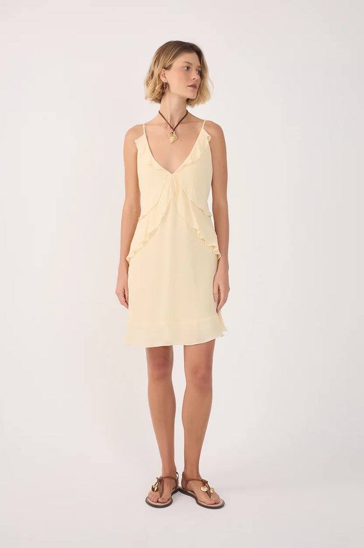 RUFFLE DETAIL MINI DRESS (BEIGE SHELL) - DRESS TO