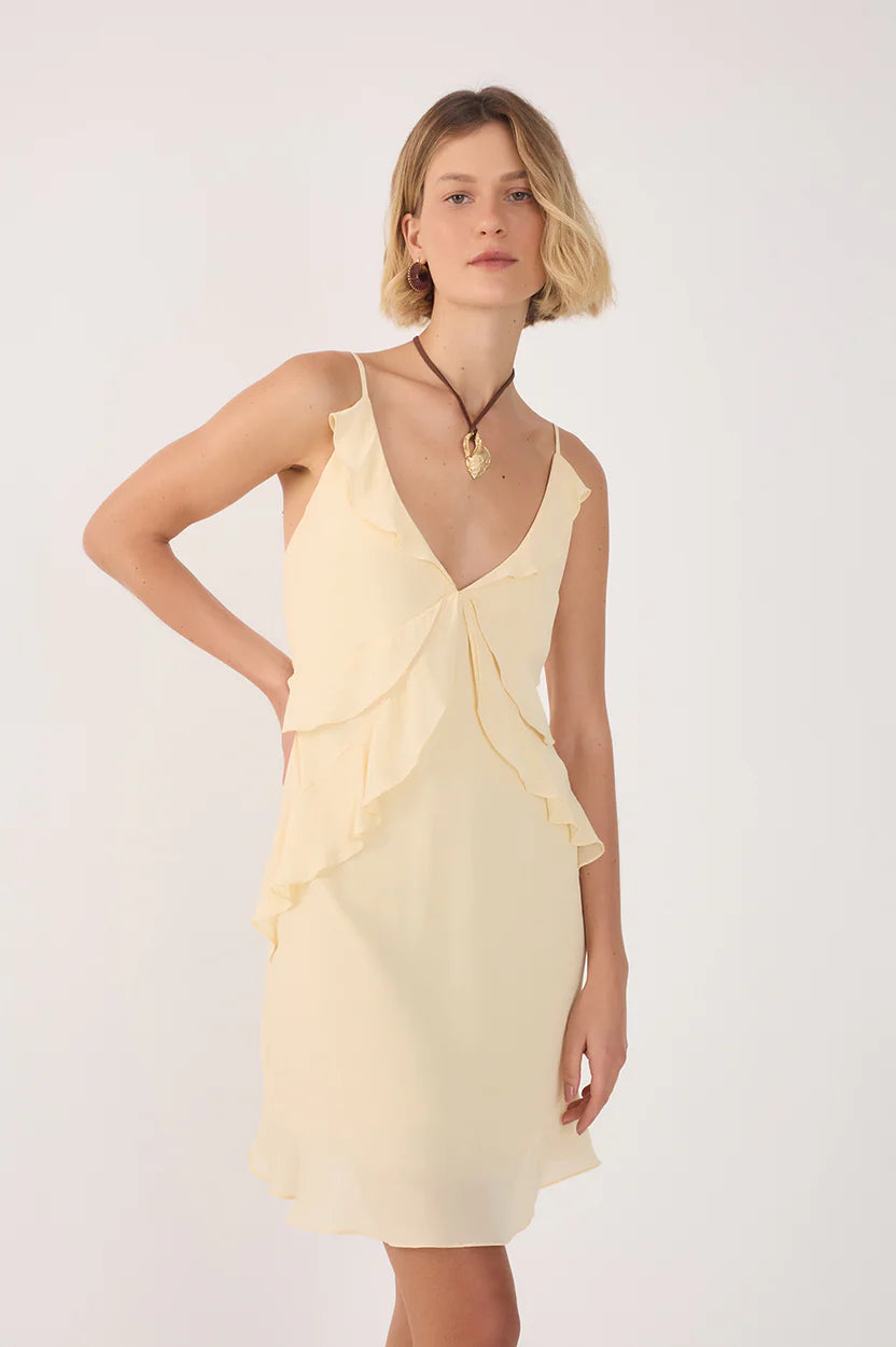 RUFFLE DETAIL MINI DRESS (BEIGE SHELL) - DRESS TO