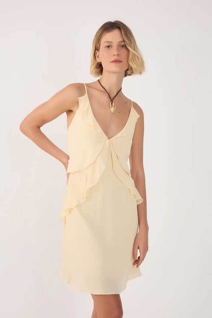 RUFFLE DETAIL MINI DRESS (BEIGE SHELL) - DRESS TO