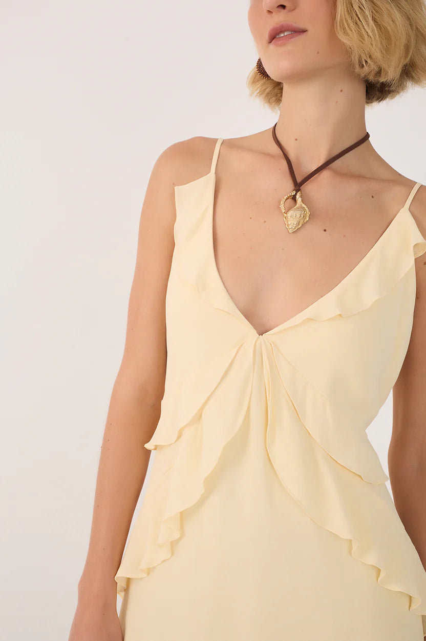 RUFFLE DETAIL MINI DRESS (BEIGE SHELL) - DRESS TO