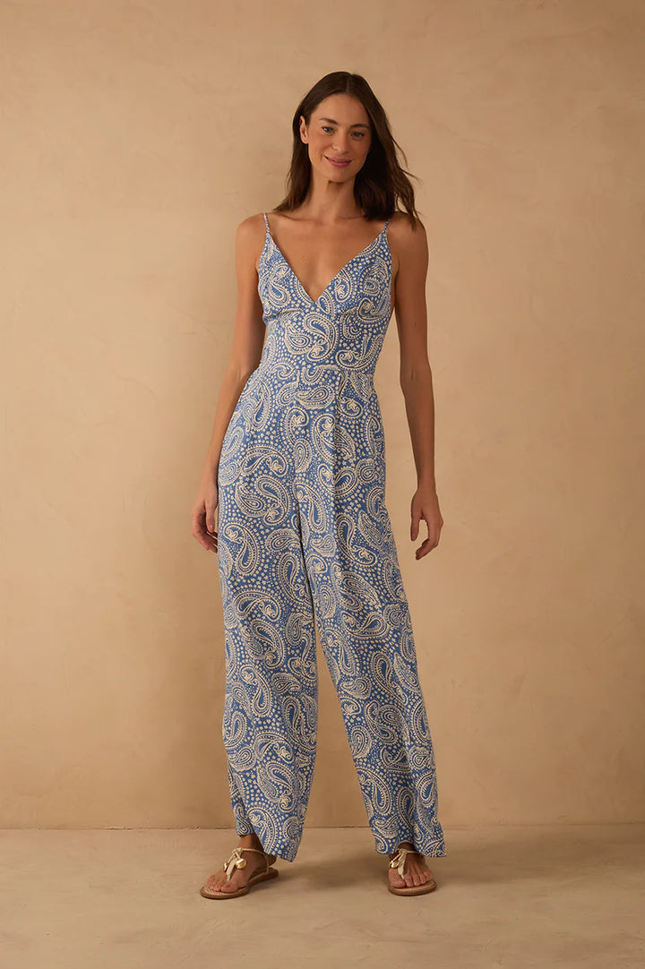 SERENE SKY TIE FRONT JUMP SUIT (BLUE PAISLEY PRINT) - DRESS TO