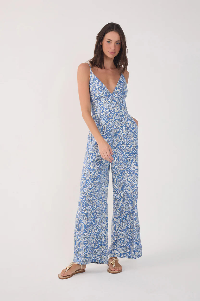 SERENE SKY TIE FRONT JUMP SUIT (BLUE PAISLEY PRINT) - DRESS TO