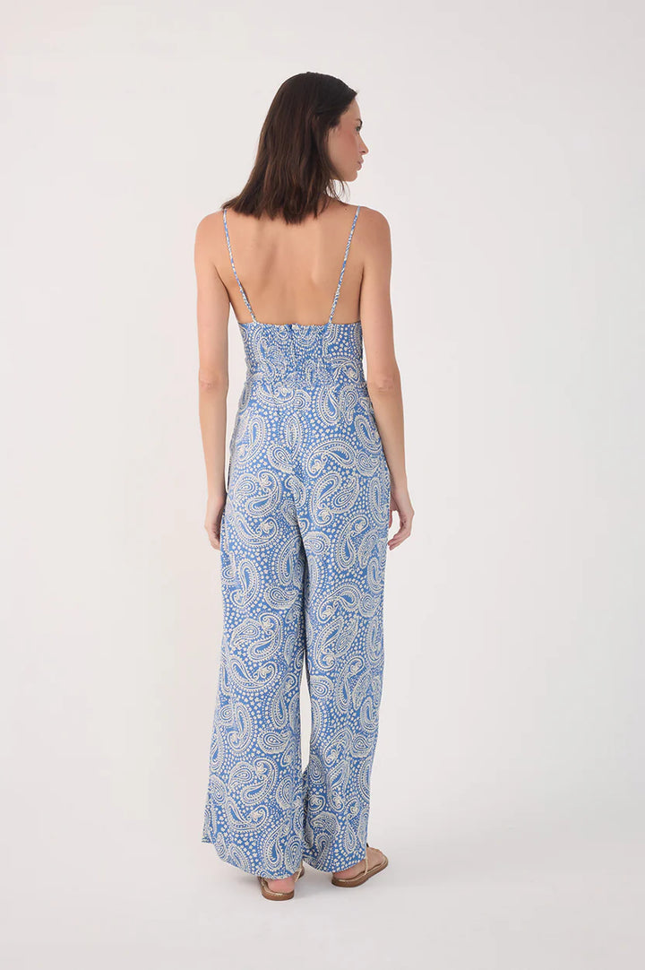 SERENE SKY TIE FRONT JUMP SUIT (BLUE PAISLEY PRINT) - DRESS TO