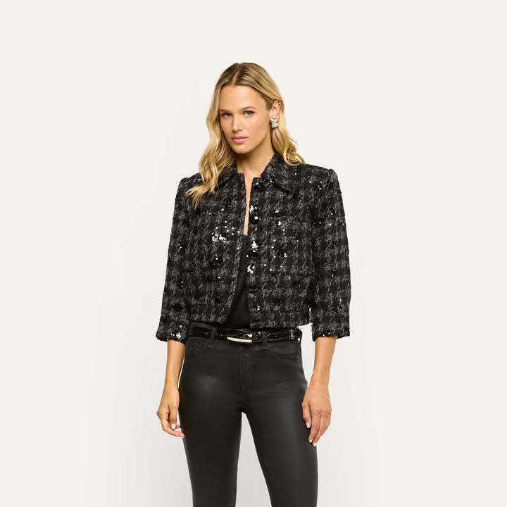 JIA CROP 3/4 SLEEVE JACKET (GREY/BLACK SEQUIN) - L'AGENCE