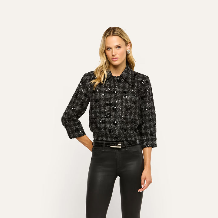 JIA CROP 3/4 SLEEVE JACKET (GREY/BLACK SEQUIN) - L'AGENCE