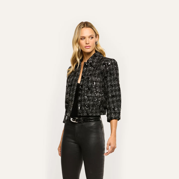 JIA CROP 3/4 SLEEVE JACKET (GREY/BLACK SEQUIN) - L'AGENCE