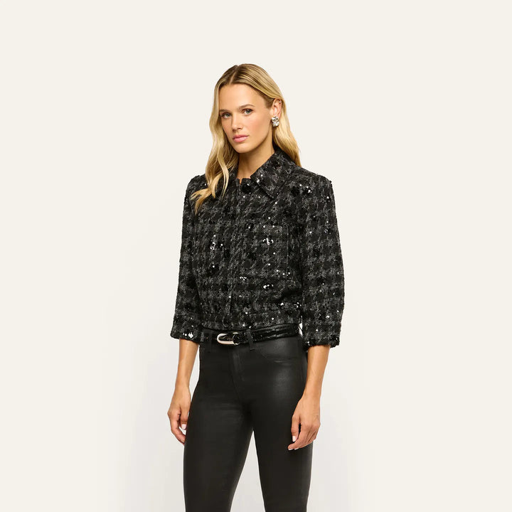 JIA CROP 3/4 SLEEVE JACKET (GREY/BLACK SEQUIN) - L'AGENCE