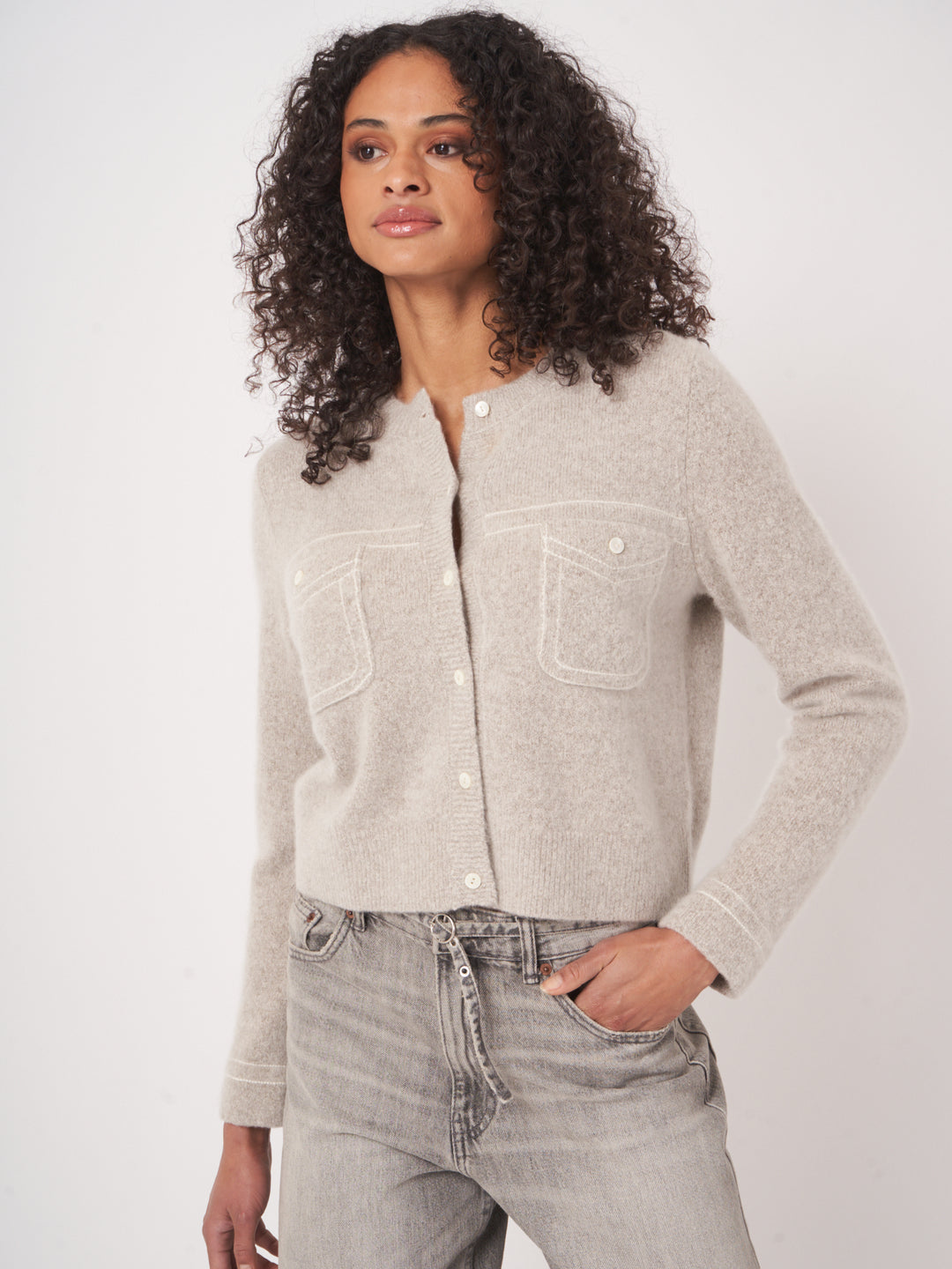 CASHMERE BLEND CARDIGAN WITH FAUX POCKETS - REPEAT