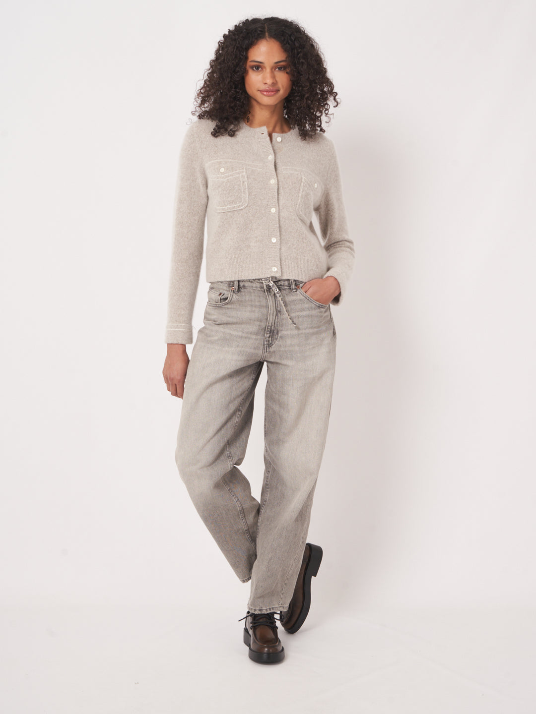 CASHMERE BLEND CARDIGAN WITH FAUX POCKETS - REPEAT