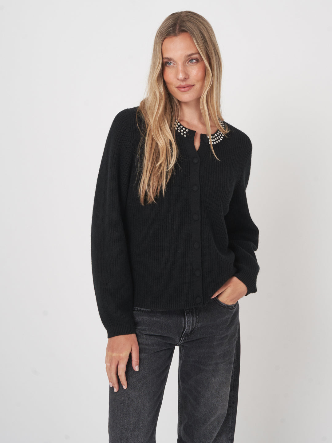 CASHMERE BLEND KNITTED CARDIGAN WITH JEWEL COLLAR - REPEAT
