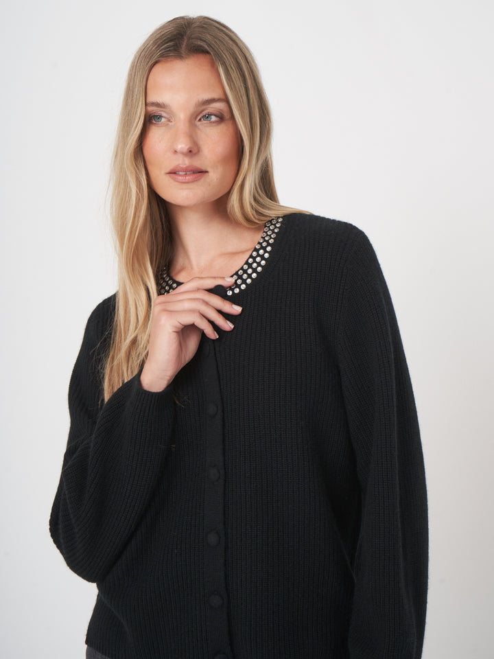 CASHMERE BLEND KNITTED CARDIGAN WITH JEWEL COLLAR - REPEAT