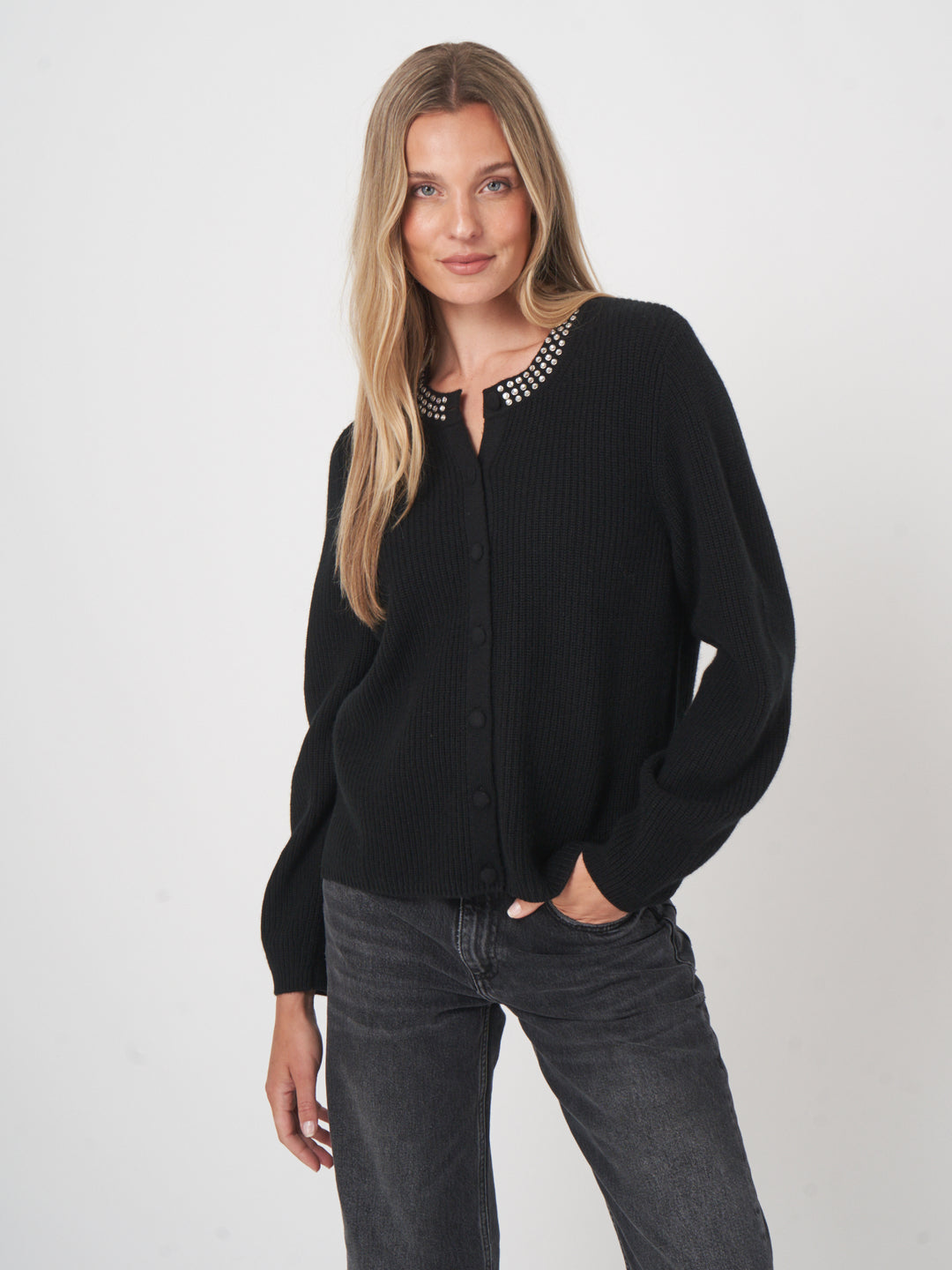 CASHMERE BLEND KNITTED CARDIGAN WITH JEWEL COLLAR - REPEAT