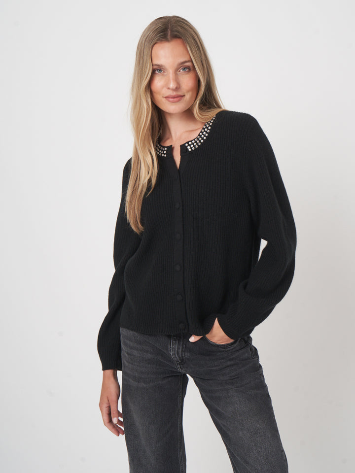 CASHMERE BLEND KNITTED CARDIGAN WITH JEWEL COLLAR - REPEAT