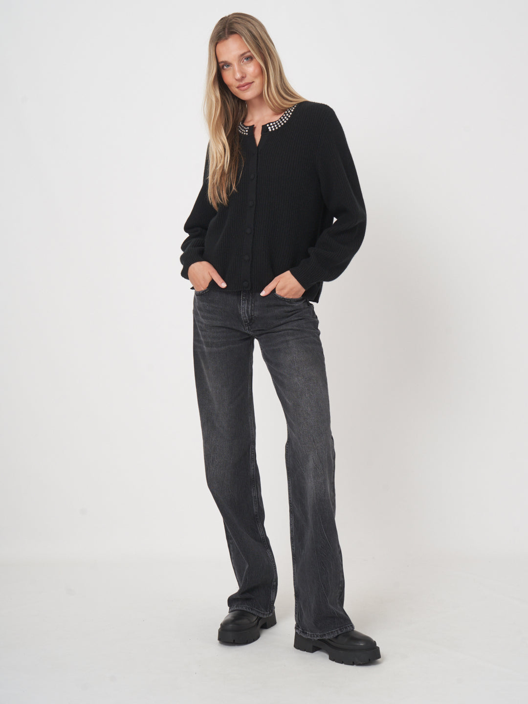 CASHMERE BLEND KNITTED CARDIGAN WITH JEWEL COLLAR - REPEAT