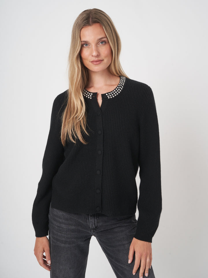 CASHMERE BLEND KNITTED CARDIGAN WITH JEWEL COLLAR - REPEAT
