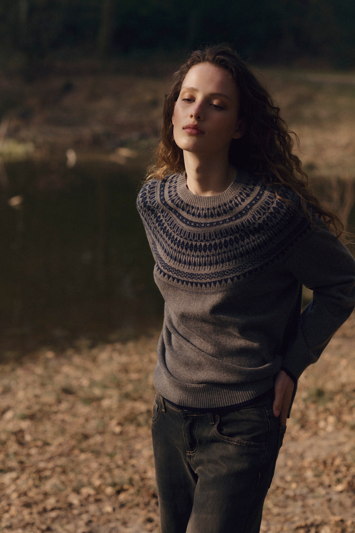 WOOL CASHMERE BLEND SWEATER WITH INTARSIA YOKE - REPEAT