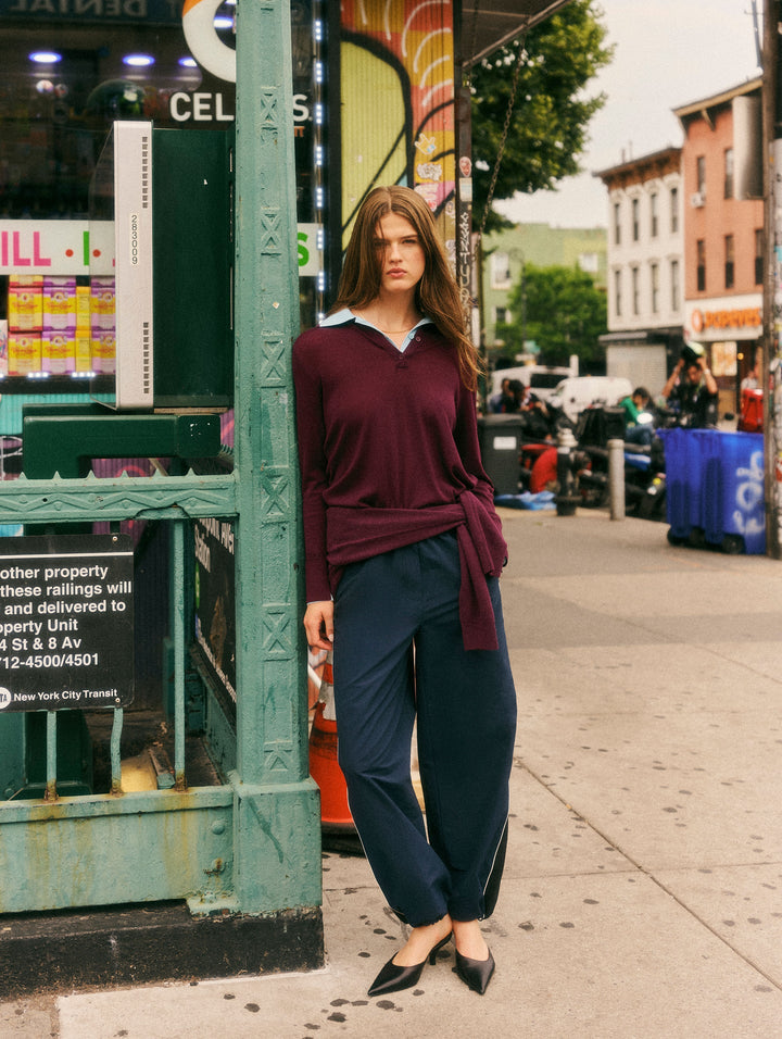 SUPERFINE MERINO POLO (BLACK CHERRY/LIGHT BLUE) - WHITE + WARREN