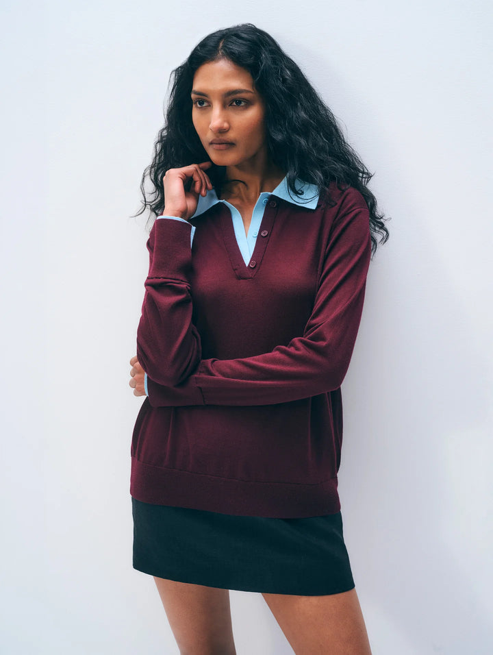 SUPERFINE MERINO POLO (BLACK CHERRY/LIGHT BLUE) - WHITE + WARREN