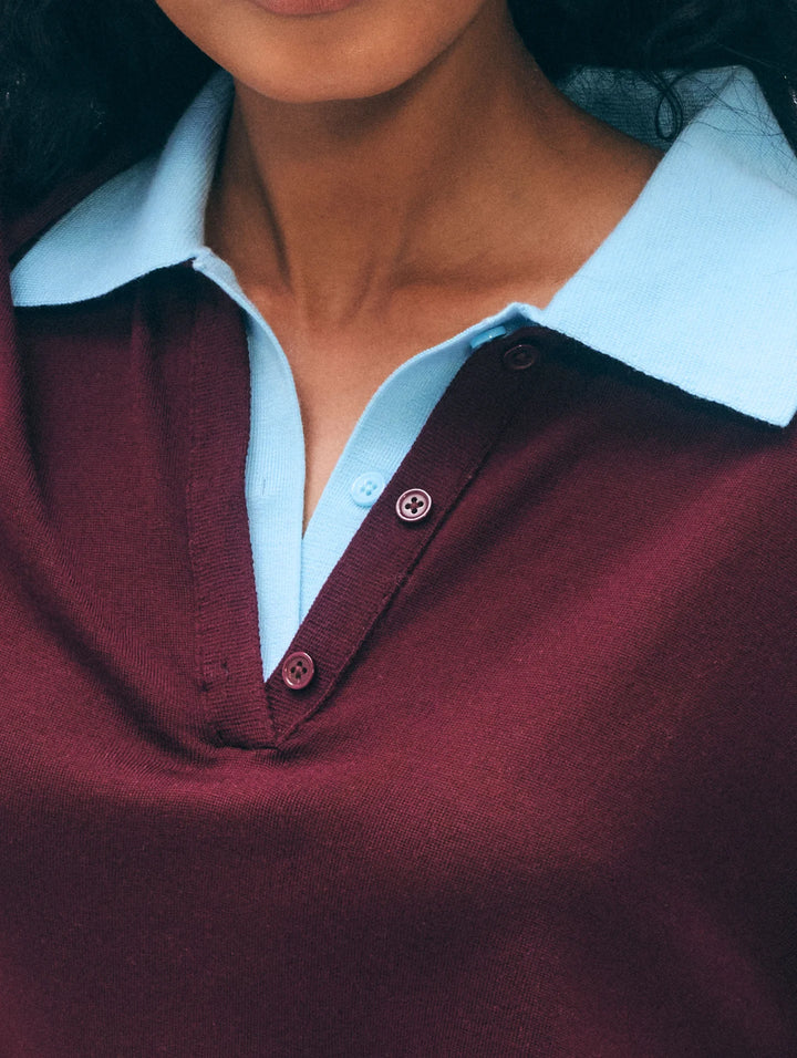 SUPERFINE MERINO POLO (BLACK CHERRY/LIGHT BLUE) - WHITE + WARREN