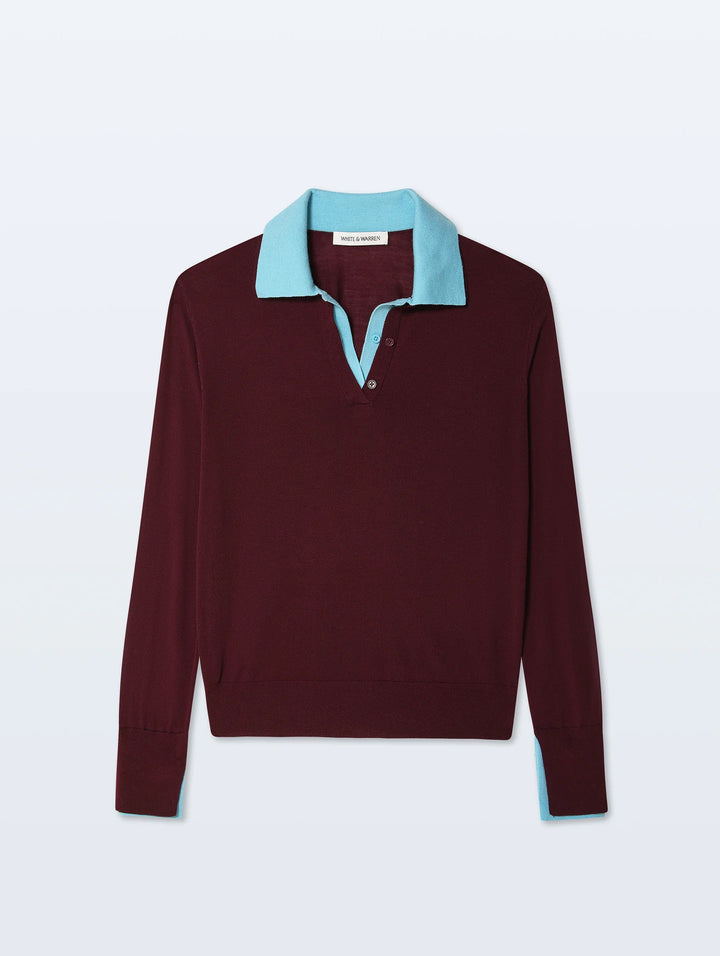 SUPERFINE MERINO POLO (BLACK CHERRY/LIGHT BLUE) - WHITE + WARREN