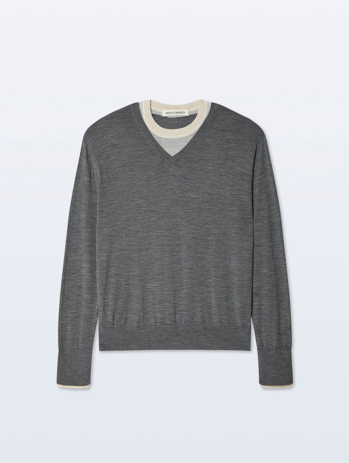 SUPERFINE MERINO V-NECK (PEWTER HEATHER/IVORY TRIM) - WHITE + WARREN