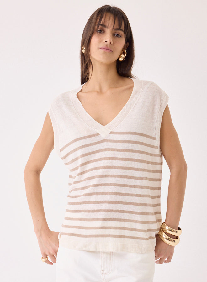 LINEN KNIT STRIPE CAP SLEEVE V-NECK (DESERT) - MAJESTIC FILATURES