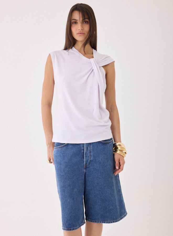 COTTON LINEN TWIST FRONT SLEEVELESS TOP (BLANC) - MAJESTIC FILATURES