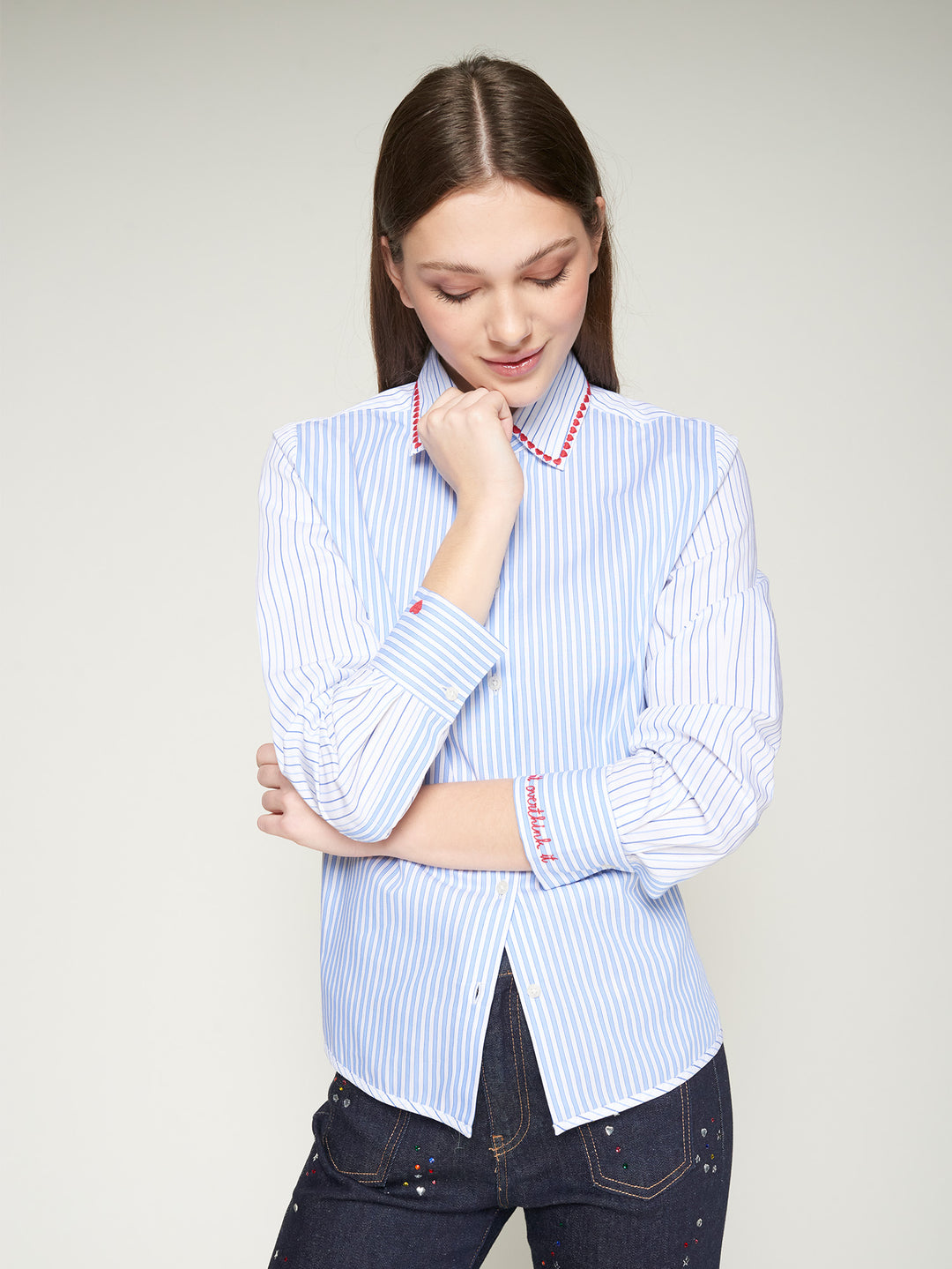 ISA EMB BLUE STRIPED SHIRT WITH HEARTS - VILAGALLO