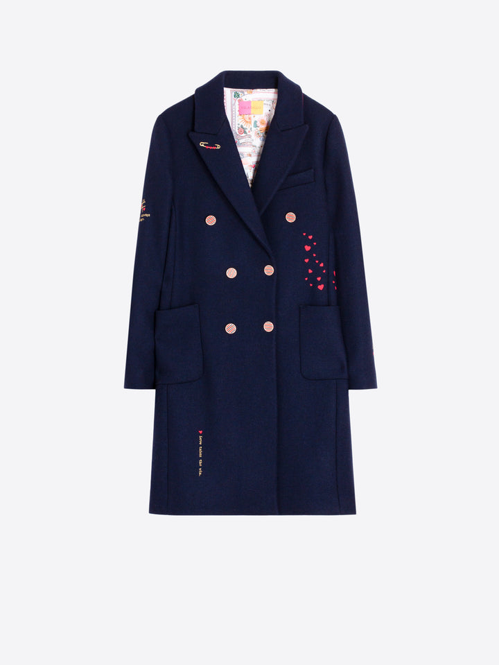 LIANA EMBROIDERED LOVE NAVY WOOL COAT - VILAGALLO