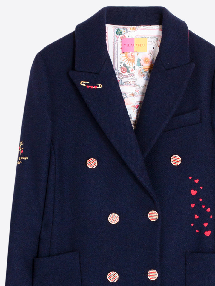 LIANA EMBROIDERED LOVE NAVY WOOL COAT - VILAGALLO