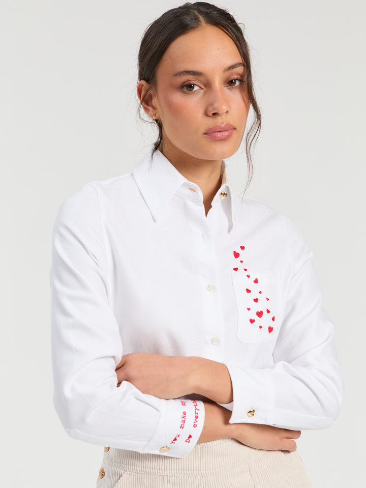 MAGDA WHITE HERRINGBONE SHIRT WITH HEART EMBROIDERY - VILAGALLO