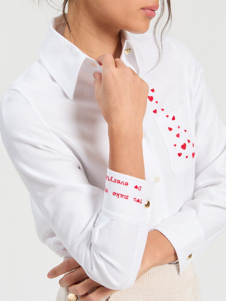 MAGDA WHITE HERRINGBONE SHIRT WITH HEART EMBROIDERY - VILAGALLO
