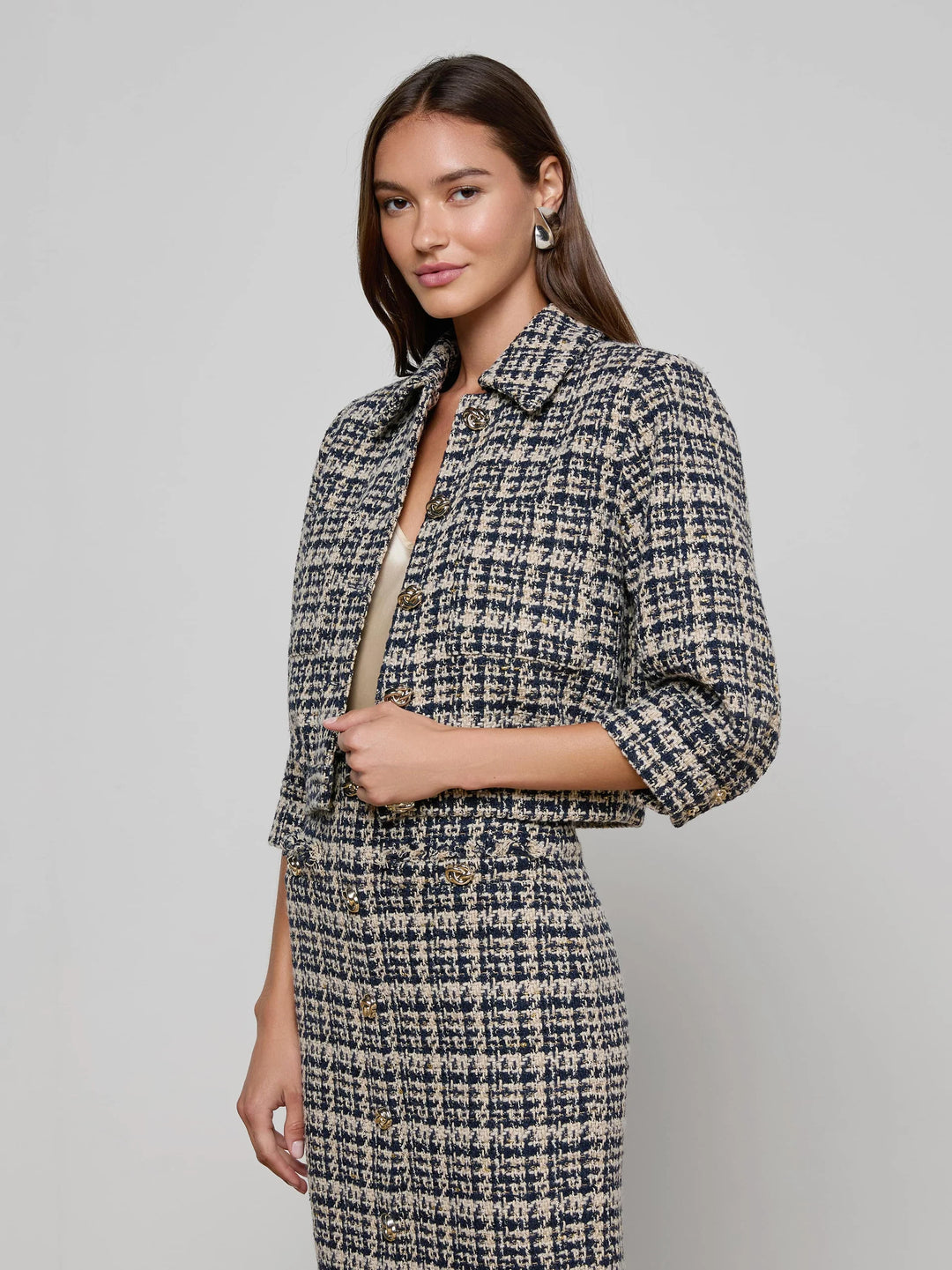 JIA CROP 3/4 SLEEVE JACKET (MIDNIGHT MULTI TWEED) - L'AGENCE