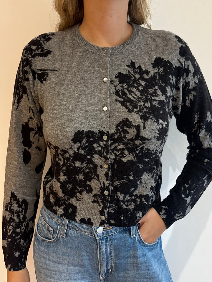 PLACED FLORAL CARDIGAN (CEMENT/BLACK) - AUTUMN CASHMERE