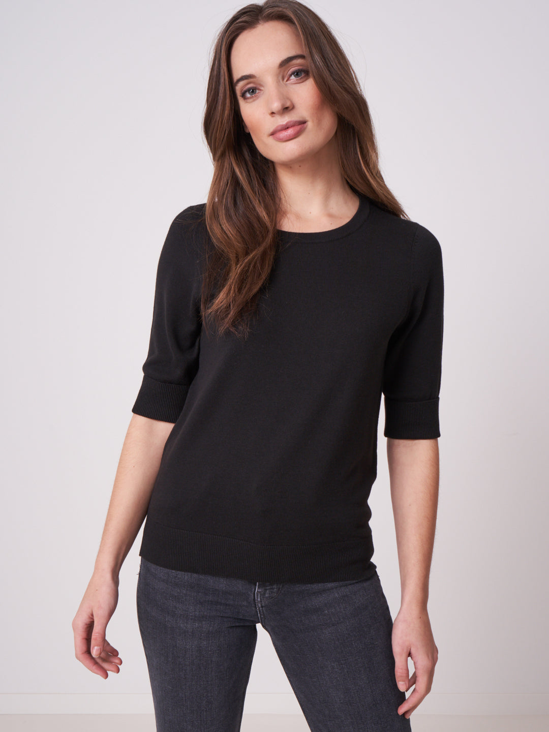 COTTON BLEND HALF SLEEVE SWEATER (BLACK) - REPEAT