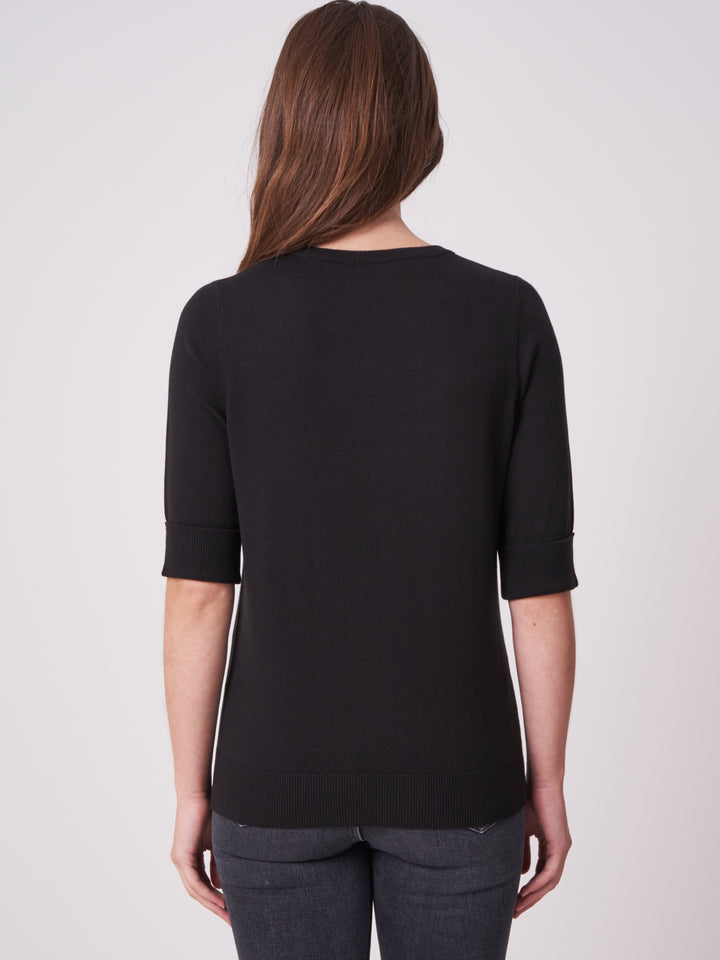 COTTON BLEND HALF SLEEVE SWEATER (BLACK) - REPEAT