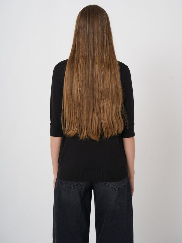 COTTON BLEND FINE KNIT SHORT SLEEVE SWEATER (BLACK) - REPEAT