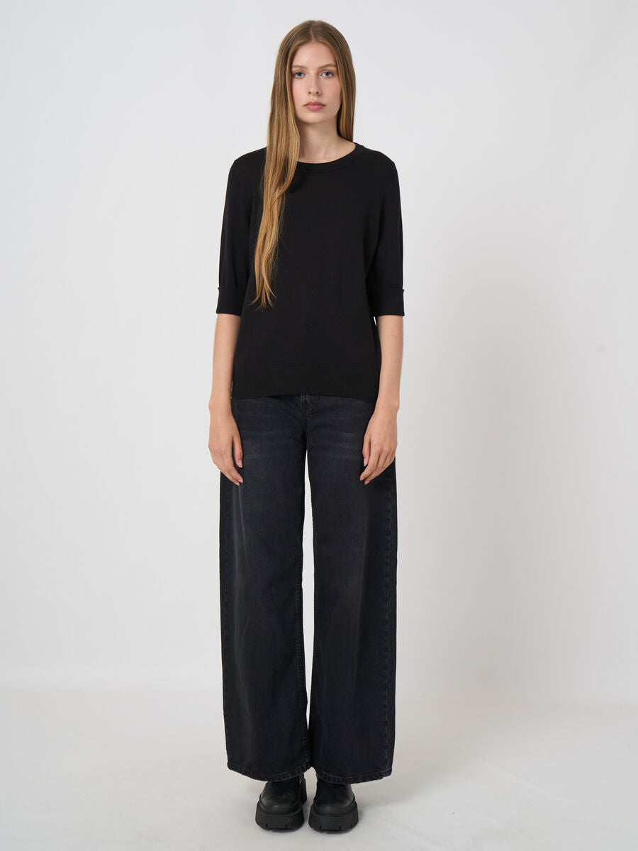 COTTON BLEND FINE KNIT SHORT SLEEVE SWEATER (BLACK) - REPEAT