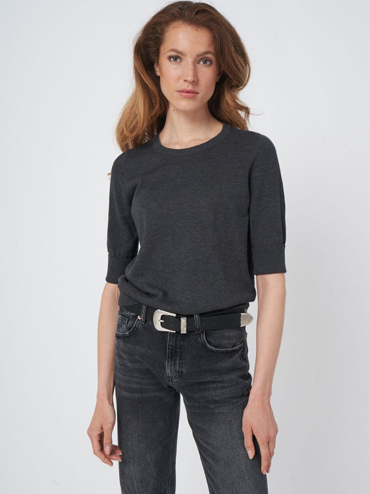 COTTON BLEND ELBOW SLEEVE SWEATER (ANTHRA) - REPEAT