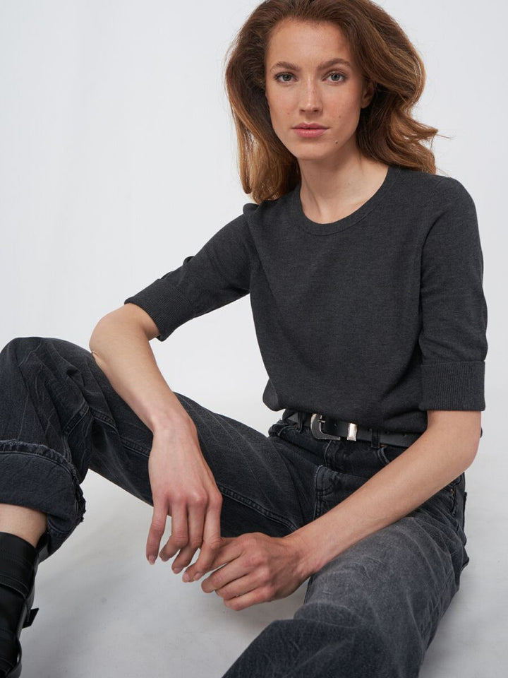 COTTON BLEND ELBOW SLEEVE SWEATER (ANTHRA) - REPEAT