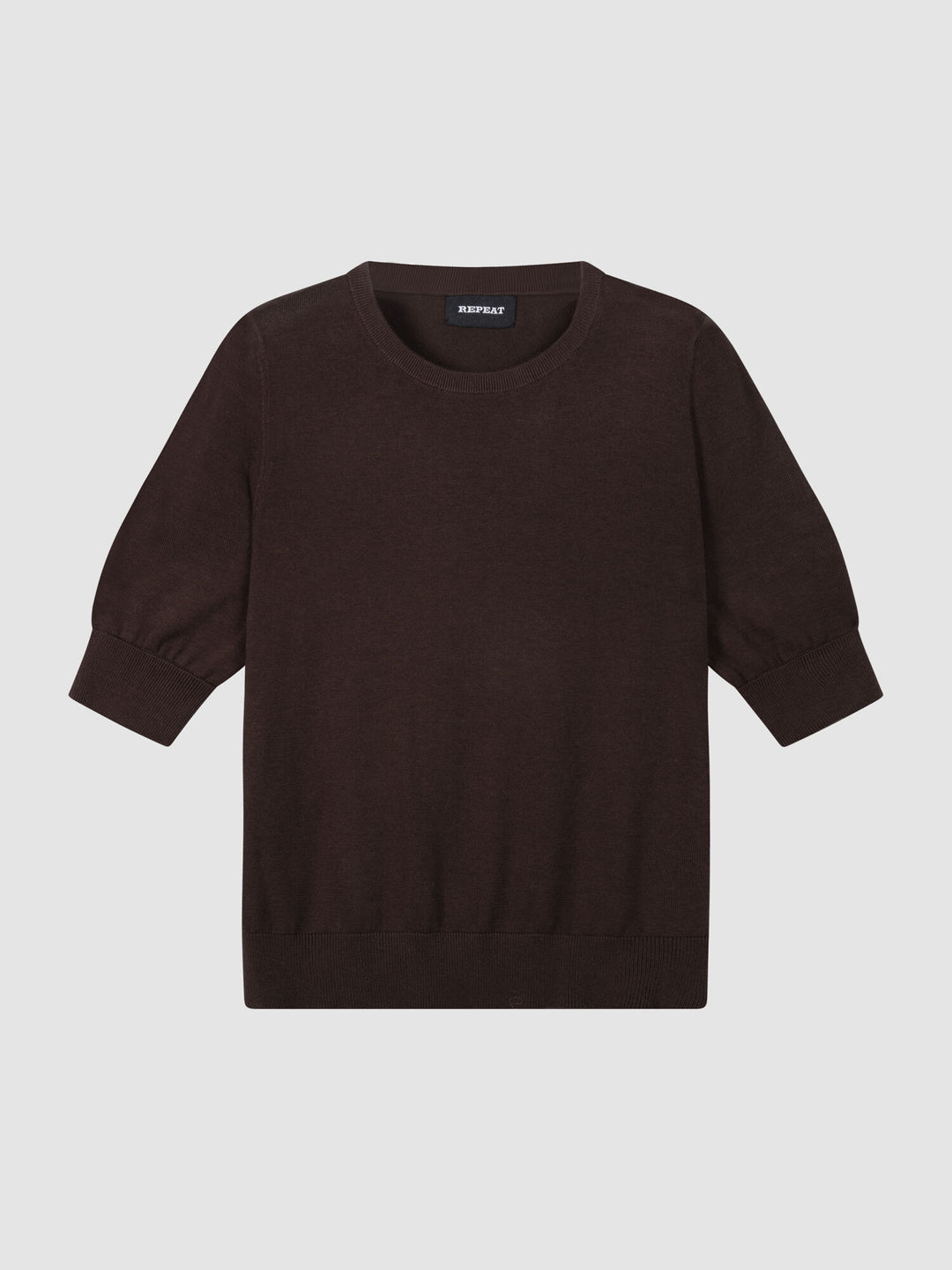 COTTON BLEND FINE KNIT SHORT SLEEVE SWEATER (CHOCOLATE) - REPEAT