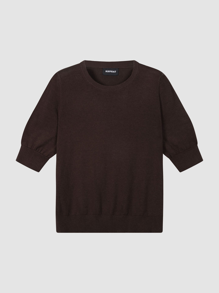 COTTON BLEND FINE KNIT SHORT SLEEVE SWEATER (CHOCOLATE) - REPEAT