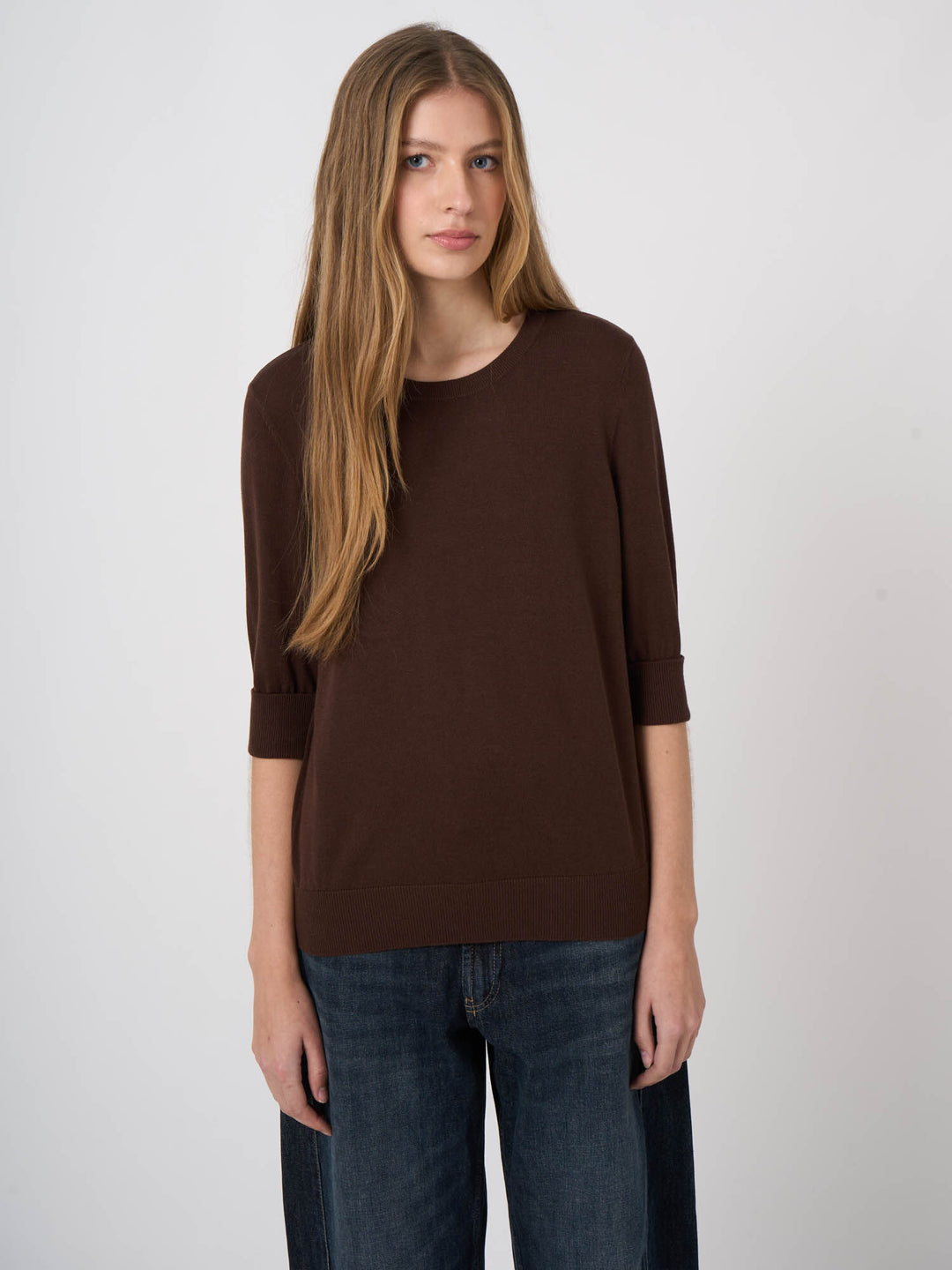 COTTON BLEND FINE KNIT SHORT SLEEVE SWEATER (CHOCOLATE) - REPEAT