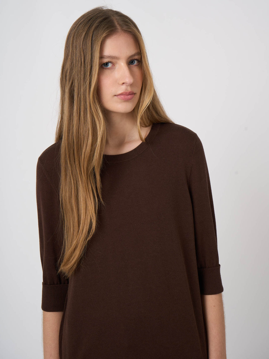 COTTON BLEND FINE KNIT SHORT SLEEVE SWEATER (CHOCOLATE) - REPEAT