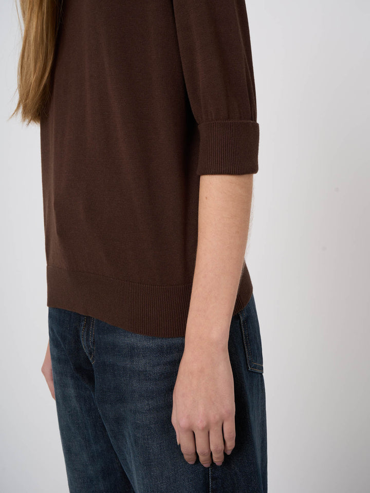 COTTON BLEND FINE KNIT SHORT SLEEVE SWEATER (CHOCOLATE) - REPEAT