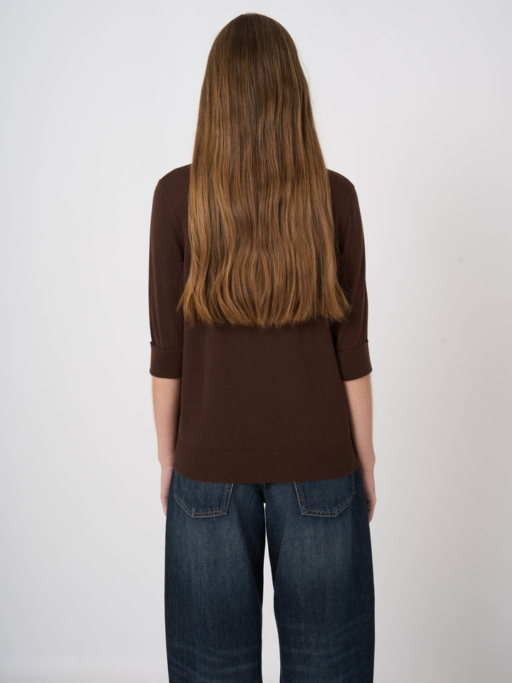 COTTON BLEND FINE KNIT SHORT SLEEVE SWEATER (CHOCOLATE) - REPEAT