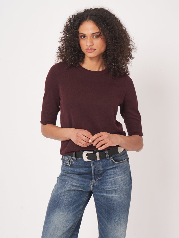 COTTON BLEND HALF SLEEVE SWEATER (MERLOT) - REPEAT
