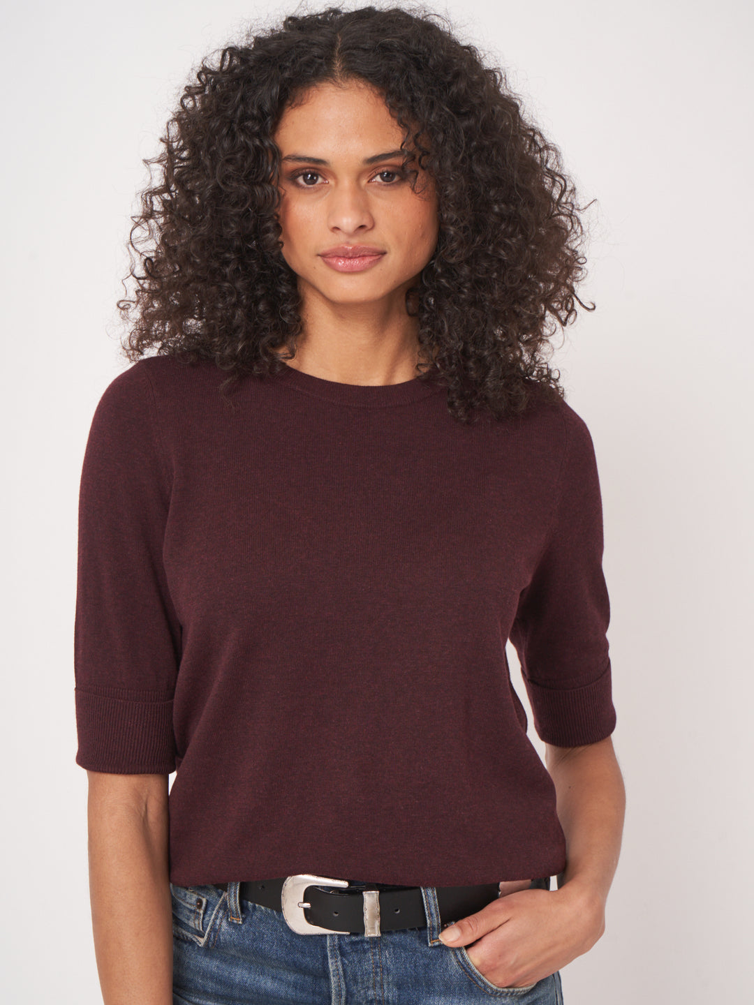COTTON BLEND HALF SLEEVE SWEATER (MERLOT) - REPEAT
