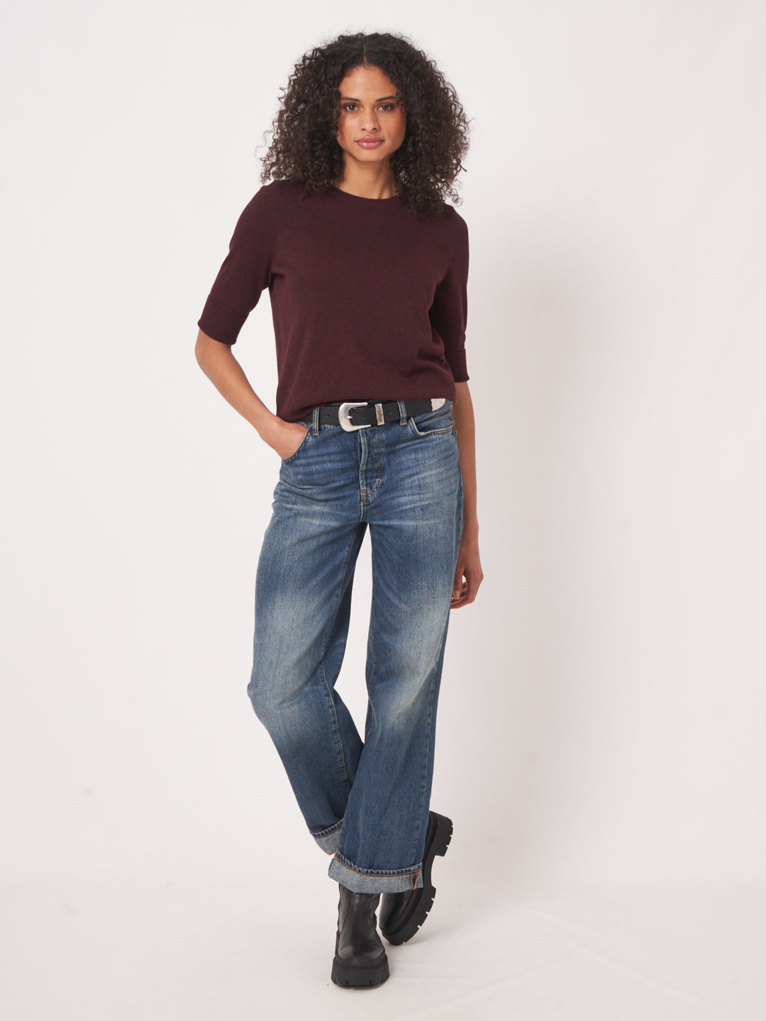 COTTON BLEND HALF SLEEVE SWEATER (MERLOT) - REPEAT