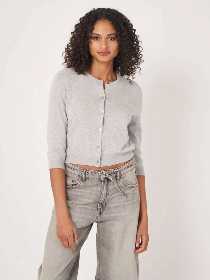 FINE-KNIT CROPPED COTTON-BLEND CARDIGAN (SOFT GREY) - REPEAT